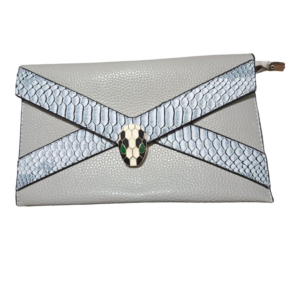 Faux Snake Skin Gray Evening Clutch 10X6.5" Bag Purse Handbag w-Gray Zip Pouch